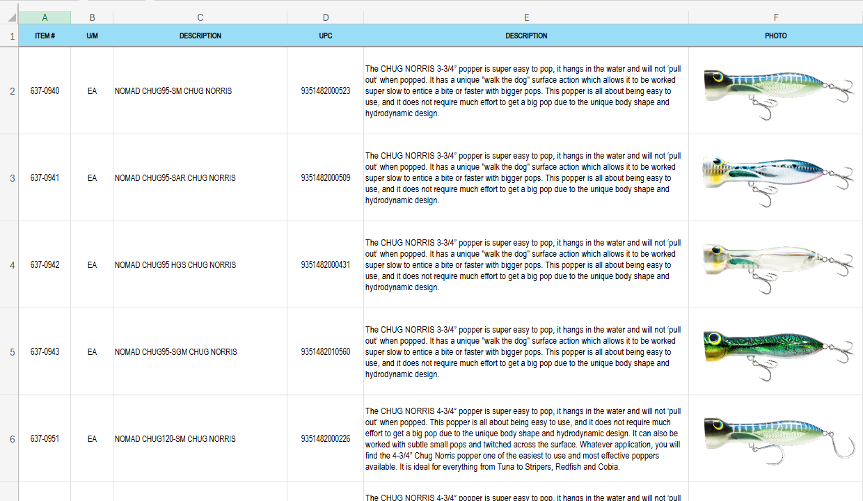 Excel catalog spreadsheet